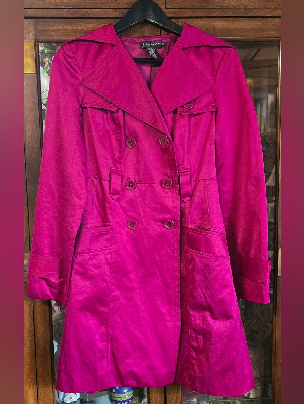 Rampage Fuchsia Pink Satin Double-Breasted Trench Coat